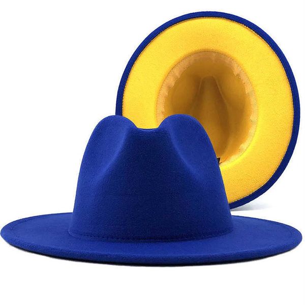 Gorros de caveira unissex Exterior azul Interior amarelo Lã feltro Jazz Fedora Chapéus com fivela de cinto fina Homens Mulheres Aba larga Panama Trilb170V