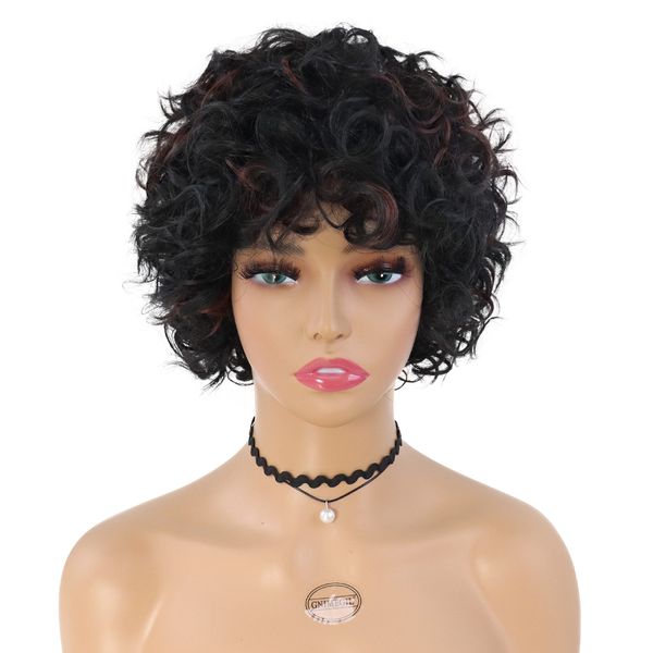 Synthetische Perücke für Damen, kurze Afro-Lockenperücke mit Pony, natürlicher Haarschnitt, schwarz-braune Perücke, flauschiges Haar, Bombshell, direkt bei Wigfactory