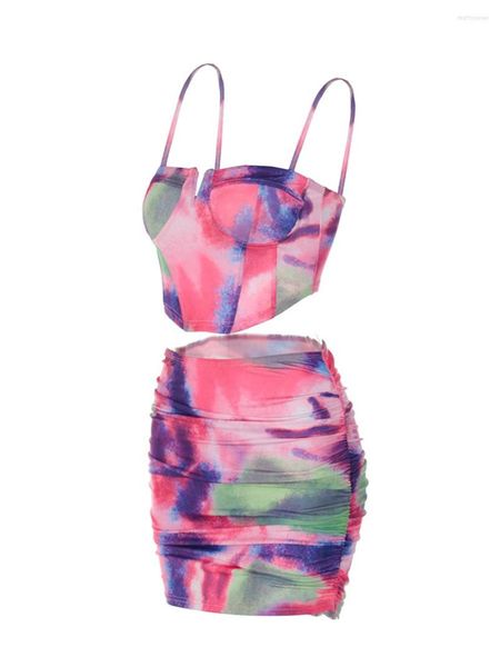 Vestido de duas peças KOSUSANILL Sexy Women 2 Conjunto de saia Y2k Mesh transparente Cami Top Bodycon curto Mini roupa de verão para sair (I-Colorful M)