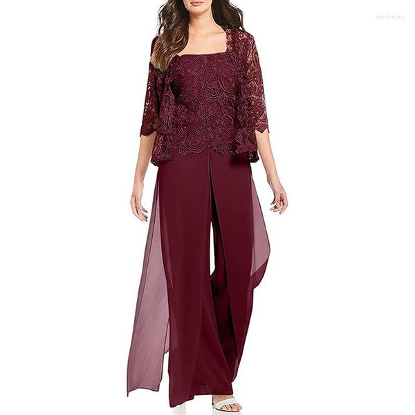 Calça feminina de duas peças, chiffon e renda, 3 peças, terno para mãe, festa de casamento, vestido de noite