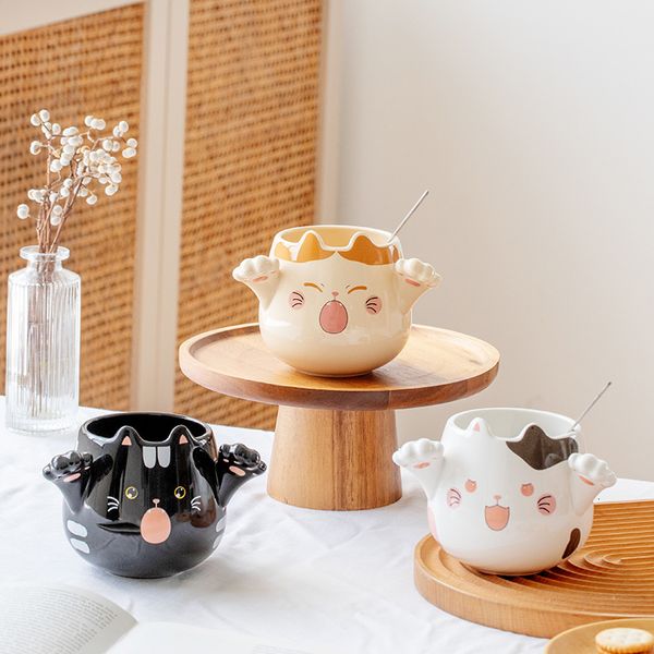 Tazze Cartoon Cute Cat Tazze con cucchiai Creative Cat Paw Tazza in ceramica per caffè Tè Latte Farina d'avena Tazze per animali di grande capacità Regalo divertente 230609