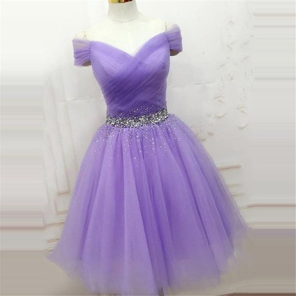 Charmoso lavanda vestidos de boas-vindas decote em v manga curta vestidos de formatura miçangas tule na altura do joelho vestidos de festa vestidos de formatura personalizados mdae