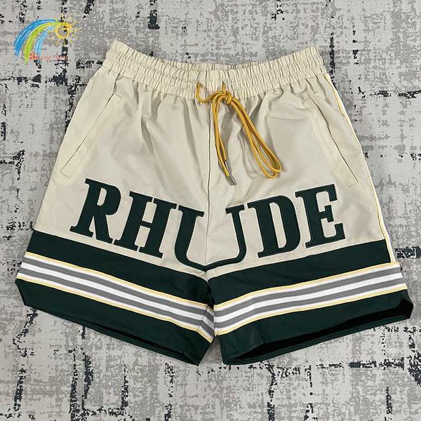 Shorts Masculino SS Simples Fita Listrada Streetwear Shorts Rhude Homens Mulheres Mesh Interno Bordado Verde Azul Preto Calças RHUDE