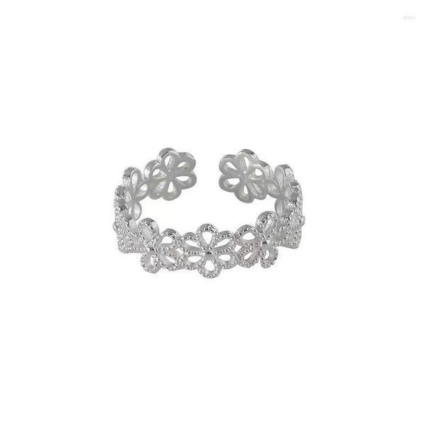 Cluster-Ringe Damen-Ring aus 925er-Sterlingsilber, hohle Spitze, Blumenpflanze, verstellbar, flach, Modeschmuck, Paar, süßes romantisches Geschenk
