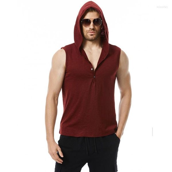 Canotte da uomo Euro Taglia Uomo T-shirt in cotone leggero 2023 Estate Uomo con cappuccio Moda casual Solido senza maniche Bianco cachi