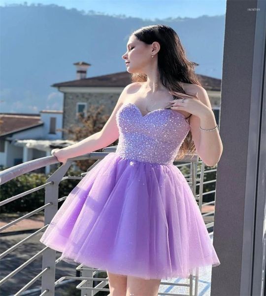 Partykleider Sexy Lila Kurzes Abendkleid mit Pailletten 2023 Schatz A-Linie Mini-Cocktail-Korsett Schnürmode Abschlusskleid