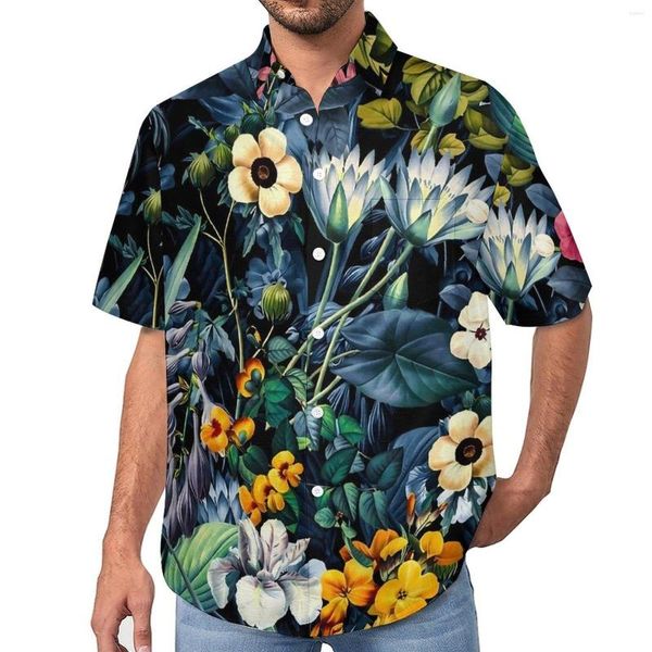 Camisas casuais masculinas Camisa de praia de floresta colorida estampa floral verão moda masculina blusas de manga curta padrão tops tamanho grande 4XL