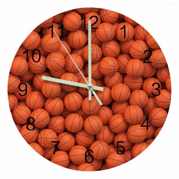 Relógios de parede Esporte Basquetebol Textura Ponteiro Luminoso Relógio Enfeites para Casa Redondo Silencioso Sala de Estar Quarto Decoração de Escritório
