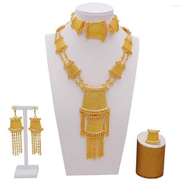 Colar Brincos Conjunto Luxo Dubai Jóias Cor Dourada Árabe Etíope Africano Presentes de Casamento Pulseira de Noiva Anel Jóias