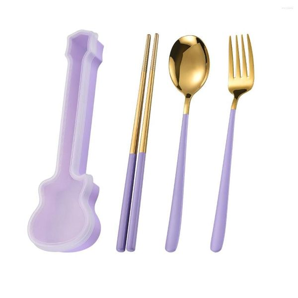 Set di stoviglie 3/4 pezzi Set di posate Forchetta Cucchiaio Bacchette Acciaio inossidabile 304 Bambini Adulto Posate da viaggio portatile Scatola per chitarra