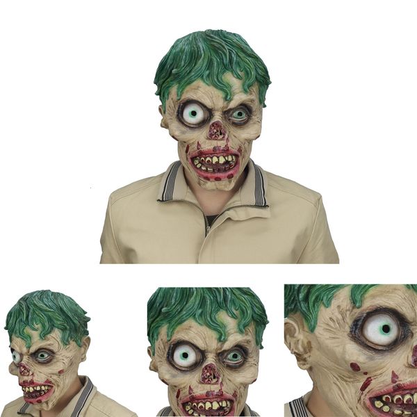 Partymasken Zombie Cosplay Latexmasken Horror Halloween Partyzubehör Grünes Haar Große Augen Blutender Helm Kostüm Requisiten 230609