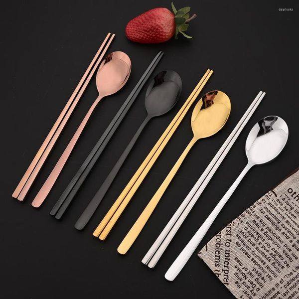 Учетные наборы средств 2PCS Корейские палочки для палочек для еды Spoon Set 18/10 из нержавеющей стали для взрослых суши.