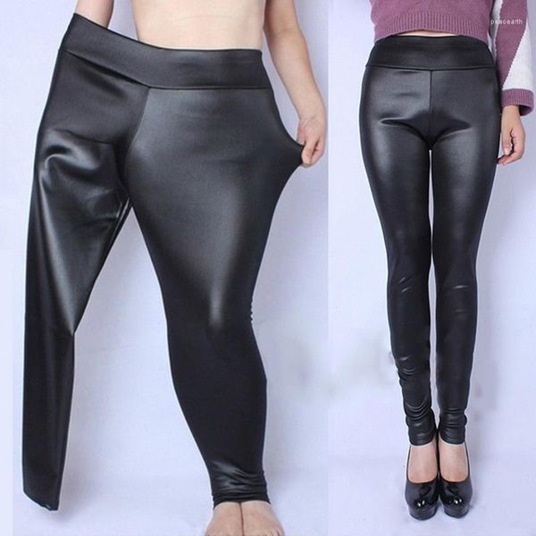 Damen-Leggings, hohe Taille, Kunstleder, Damen, sexy, schwarz, glänzende Hose, dehnbare Hose