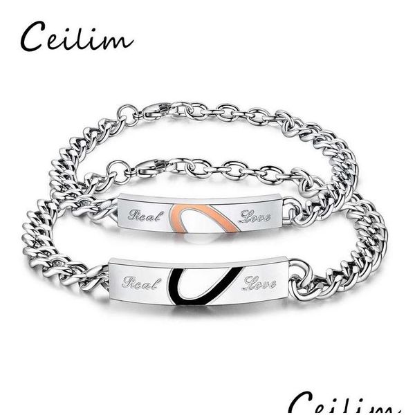 Corrente Moda Amor Real Doce Presente Aço Inoxidável Quebra-Cabeça Amantes Casal Pulseira Bangles Para Homem Mulher Europen Romance Homens Pr Dh0M3