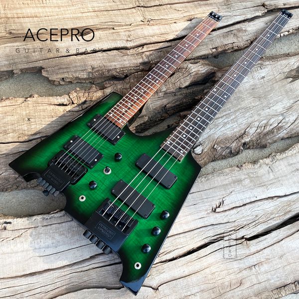Double Neck Headless E-Gitarre, Green Burst Flamed Maple Tremolo, 6-saitige Gitarre + 4-saitiger Bass-Combo, schwarze Hardware