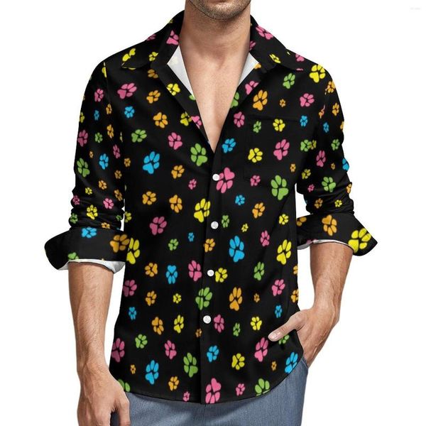 Camisas casuais masculinas com estampa de patas de cachorro Harajuku camisa homem bonito colorido primavera novidade blusas manga longa design oversize top