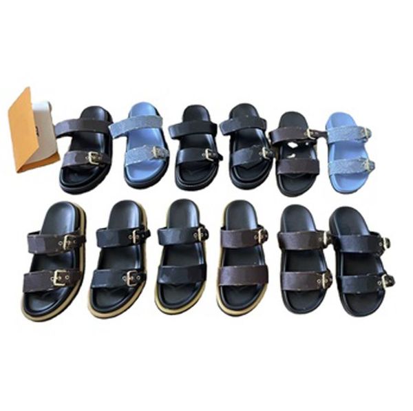 Chinelos de couro de grife sandálias femininas BOM DIA FLAT Cool sem esforço Stylish Slides 2 tiras com fivelas douradas ajustadas chinelo de verão feminino