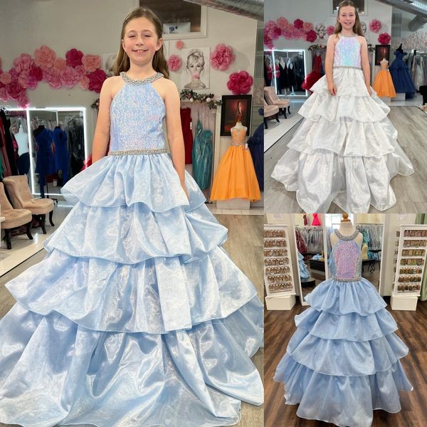 Abito da spettacolo per ragazza con paillettes iridescenti 2024 Organza a strati con volant Ragazzino Compleanno Abito da festa formale Infant Toddler Teens Preteen Tiny Young Junior Miss Powder Blue