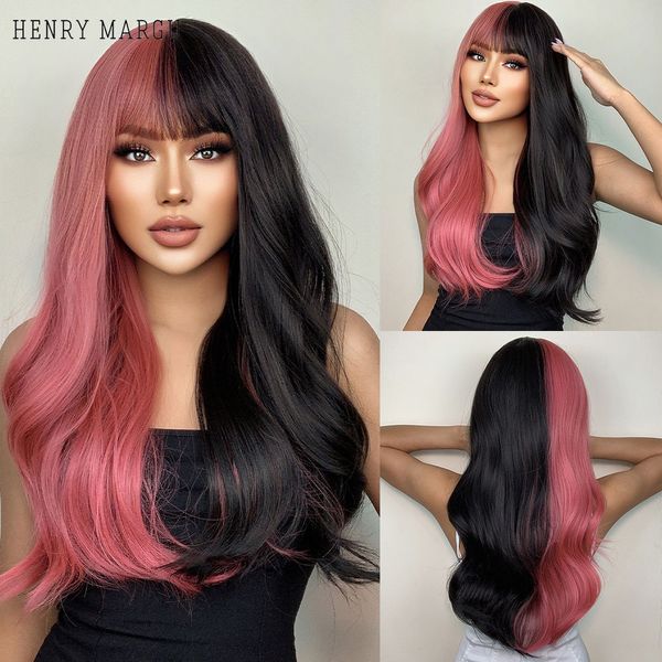 Розовые и черные длинные волнистые синтетические парики волос с челкой косплей Рождественский парик для волос на хэллоуин для женщин