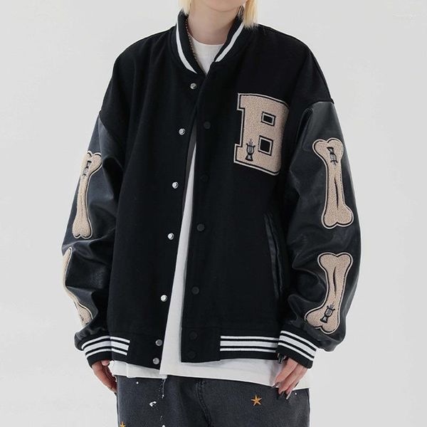 Jaquetas femininas masculinas jaqueta bomber hip hop harajuku bone letter patchwork casaco de couro streetwear unissex roupas universitárias