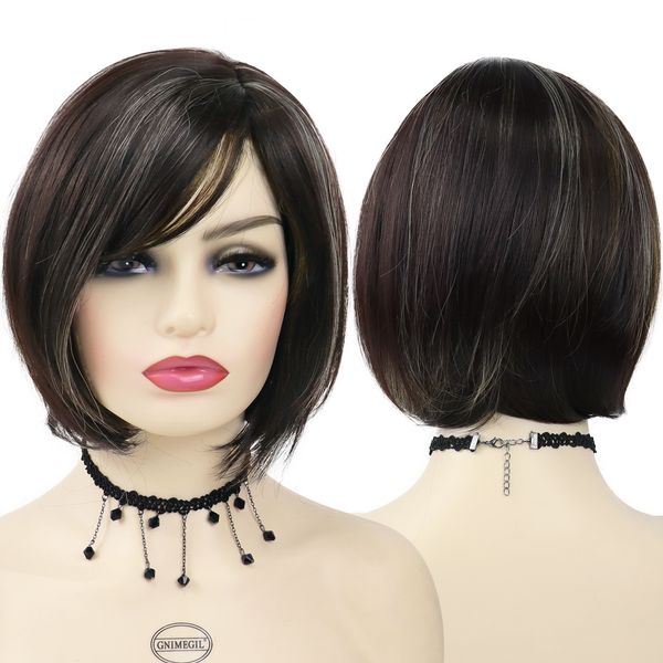 Sentetik Kısa Bob Peruk Kadınlar İçin Bangs ile Mix Kahverengi Peruklar Saç Modelleri Sevimli Bobs Saç Kesimi Mommy Wig Lady Hairfactory