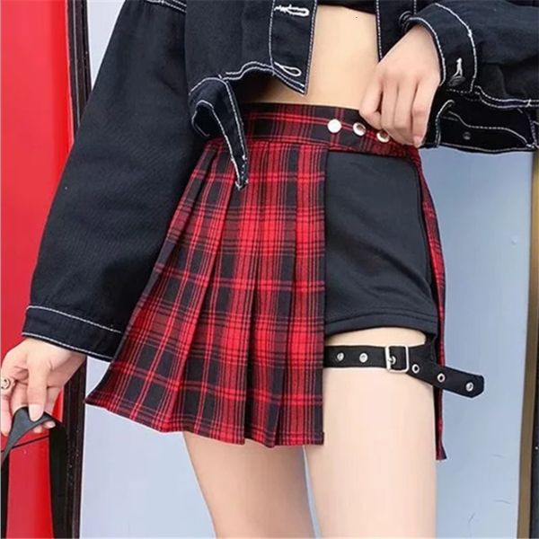 Röcke All Match Kurzer Rock für Damen, Mode, Tartan-Rot, Faltenröcke, Streatwear, karierter Rock mit seitlichen Knöpfen, lässiger Minirock für Damen, 230609