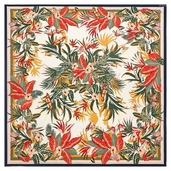 Cachecóis 2023 Lenço Quadrado De Seda Estampado Planta Tropical Cachecóis Mulher Embrulhos Moda Espanhóis Foulards Bandana Lady Hijabs 130x130cm