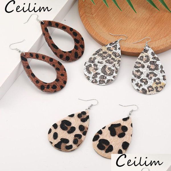 Charm Moda Orecchini in pelle con stampa leopardata Pelliccia di cavallo finta Scava fuori a goccia Doppio lato ciondola per gioielli da donna Drop Delivery Dhxuk