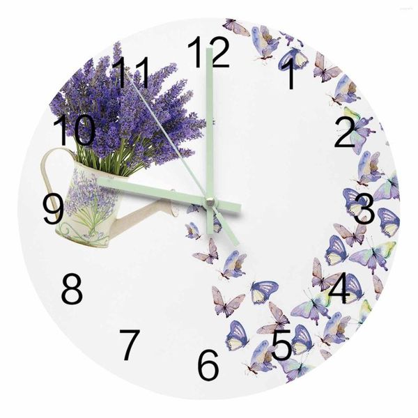 Relógios de Parede Flor Roxa Lavanda Borboleta Ponteiro Luminoso Branco Relógio Enfeites para Casa Redondo Silencioso Decoração de Sala de Estar