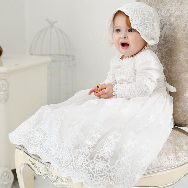 Abiti da ragazza 0-2 anni Bambini allungano il vestito da battesimo in pizzo Neonate Infantile Matrimonio Piccolo battesimo bianco