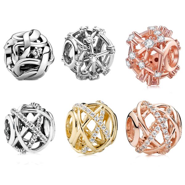 Pandora-925 Sterling Silber baumelnde Charms, klassische geometrische Linie, umwickeltes Element, Perlenverzierung, verstellbare Zugarmbandperle, kostenlose Pandora-Box beim Kauf