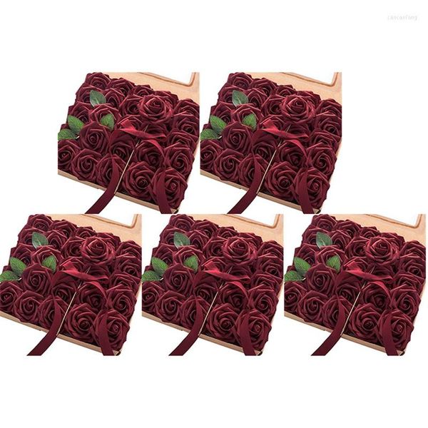 Flores decorativas artificiais 125 pçs rosas falsificadas bordô de aparência real com hastes para buquês de casamento faça você mesmo chá de panela vermelho