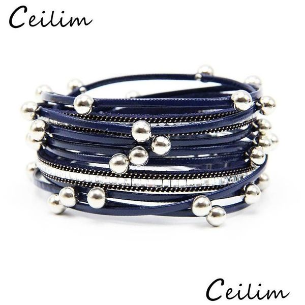 Catena Casual Personalizzata Mtilayer Bracciali in pelle con perline Braccialetti avvolgenti Braccialetti regolabili in lega con chiusura magnetica Drop Dhq2U