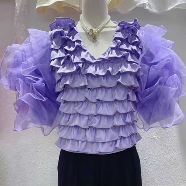 Damenblusen Damen Swwet Layered Ruffles Cake Chiffon Shirts Sommer Damen Sexy V-Ausschnitt Organza Puffärmel Schwarz Weiß Kurze Tops