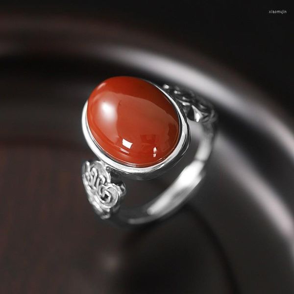 Cluster Rings JZ216 ZFSILVER Thai Silver S925 Fashion Hetian Jade South Red Agate Elegante Retro Stone Oval Women Wedding Party Jewelry