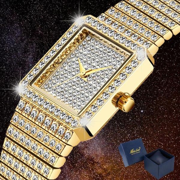 Armbanduhren Luxus Bling Diamant Uhr für Frauen Hip Hop Damenuhren Weibliche Uhr Gold Quadrat ICE OUT Damen