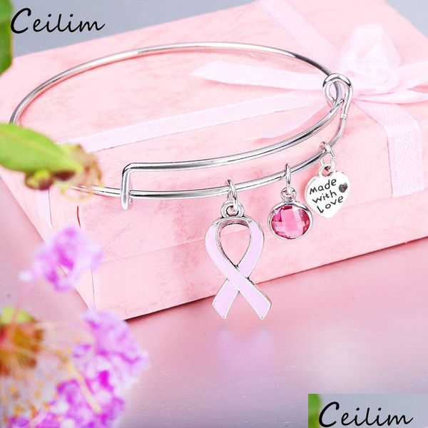 Bangle New Pink Ribbon Breast Cancer Awareness Survivor Charm Bracciale Filo espandibile Coraggio Speranza Regalo per le donne Drop De Dhwzr all'ingrosso