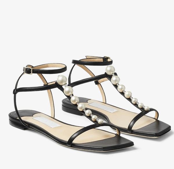 Marca de luxo amari sandálias sapatos femininos plana preto branco nappa couro com pérolas senhora festa casamento excelente caminhada EU35-43