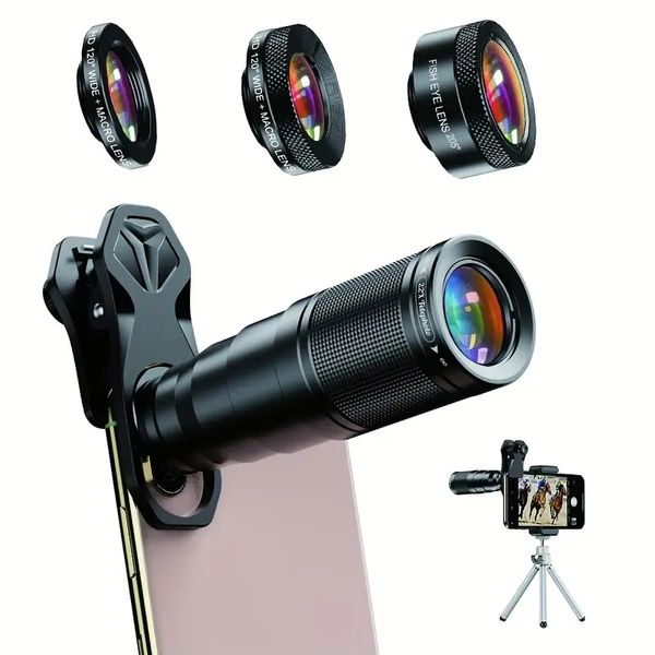 Telefon kamera lens kiti 4in1 telefoto zoom monoküler teleskop 22x lens + uzak tripodlu makro geniş balık gözü