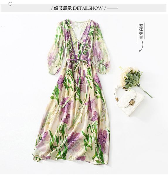 Летнее многоцветное цветочное печатное платье с шелковым платьем 3/4 рукава кнопки V-образного выреза Midi повседневные платья C3A255073