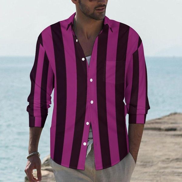 Freizeithemden für Herren, Kirschrosa, gestreiftes Hemd, vertikale Streifen für Herren, Herbst-Y2K-Grafikblusen, Langarm, Vintage-Oversize-Kleidung