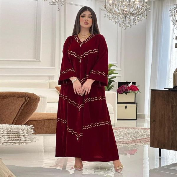 Vestidos casuais SuperAen Muslim Robe Roupas femininas 2023 Primavera Outono Vestido maxi bordado de veludo dourado