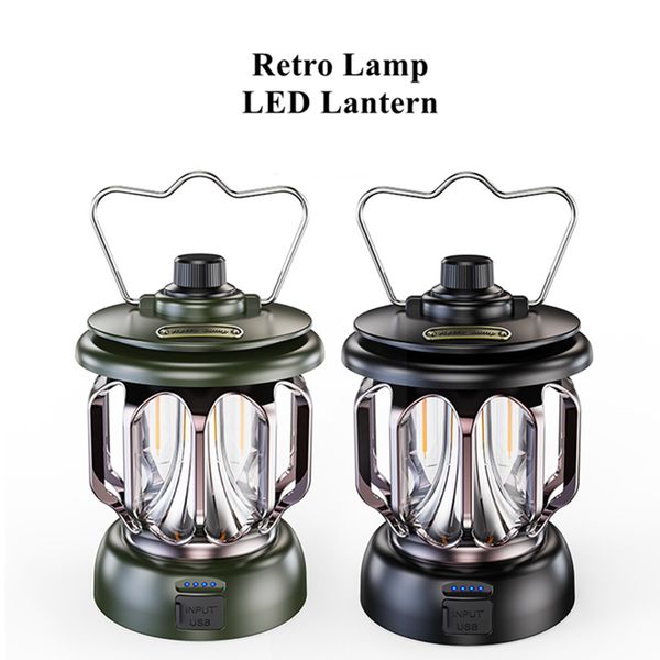 Retro-Camping-Laterne, wiederaufladbare LED-Vintage-Camp-Lampe, wasserdicht, batteriebetrieben, 3 Beleuchtungsmodi, tragbare dimmbare Outdoor-Hängezeltleuchte für Hofbalkon