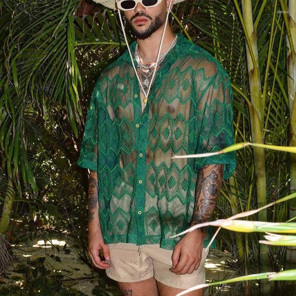 Camisas casuais masculinas rendas verdes ocas para homens roupas de praia manga curta blusas sensuais transparentes homem férias de verão roupas masculinas de grife tops