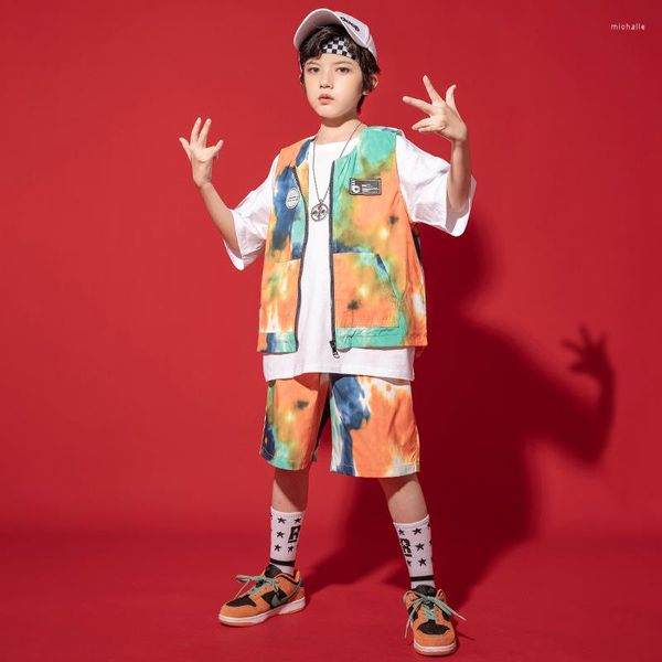 Bühnenkleidung Kind Kpop Hip Hop Kleidung Tie Dye ärmellose Jacke Weste Top Streetwear Sommer Shorts Set für Mädchen Jungen Jazz Dance Kostüm