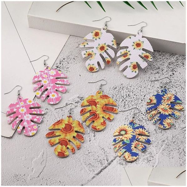 Charm Fashion Leaf Orecchini in pelle Hollow Fish Bone Pattern Orecchino Girasole Stampa Faux Ciondola per le donne Gioielli da festa Drop Deliver Dhsa4