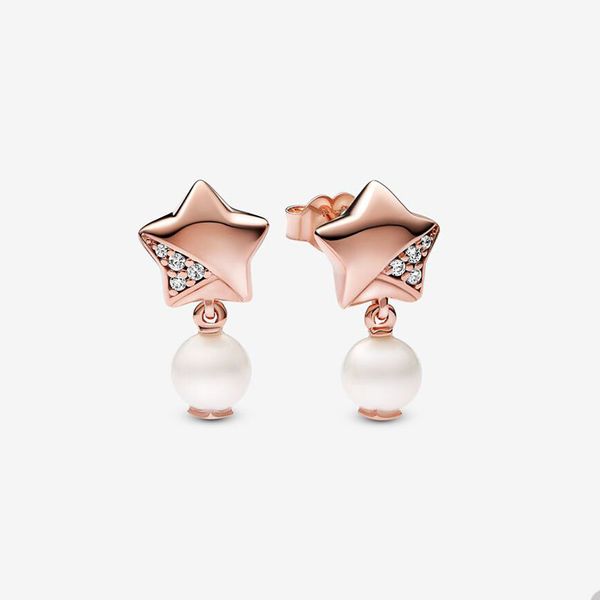 Weiße Perlen-Anhänger-Hochzeits-Ohrstecker für Pandora, 18 Karat Roségold, Party-Schmuck, Designer-Ohrring-Set für Frauen, funkelnde Stern-Ohrringe mit Originalverpackung