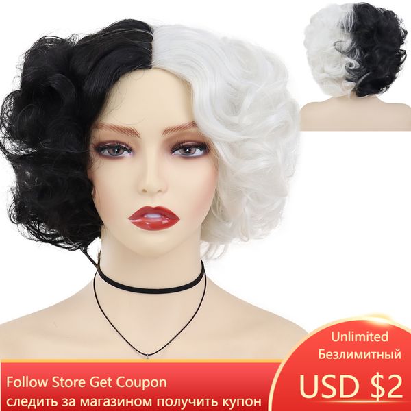 Perucas Sintéticas Cruella Anime Cosplay Wig De Vil Traje de Halloween para Mulheres Perucas Encaracoladas Meio Preto Peruca Branca com Bangsfactory d