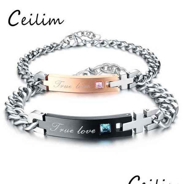 Catena in acciaio inossidabile 316L True Love Coppia Bracciale con cristallo Regalo di San Valentino Bracciali da uomo romantici Fascino croce per donna Uomo Dhisb