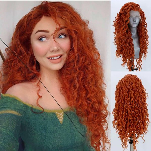 Pezzi di capelli AIMEYA Arancione Lungo Riccio Pizzo Principessa Merida Cosplay Halloween Gioco di Ruolo Sintetico per Donne Ragazze 230609